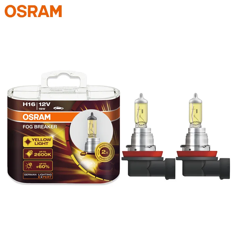 OSRAM H16 62219FBR Fog Breaker Halogen Bulbs,12V 19W 2600K Xenon Yellow,200% Yellow Light 60% Brighter Auto Fog Headlight Lamps