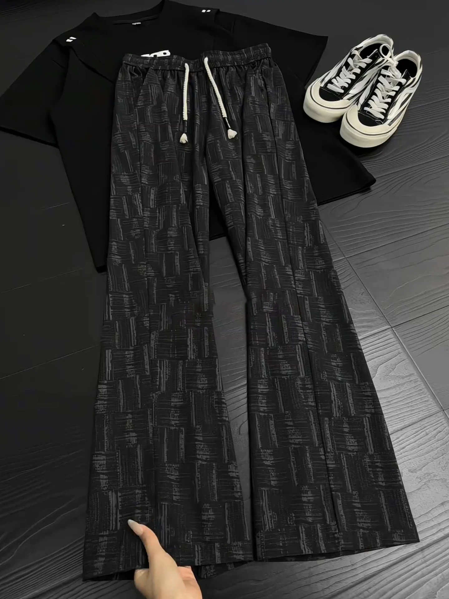 American Retro Tie Dye Plaid Men's Summer Thin Ice Silk Cool Feeling Micro Flared Casual Pants Cleanfit Straight Leg Trousers