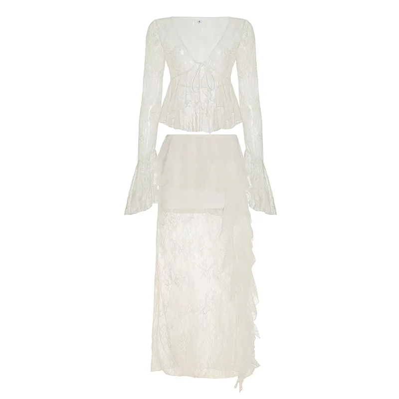 الفرنسية مثير الدانتيل كشكش تنورة المرأة أزياء تنوعا غير متناظرة عطلة تنورة طويلة