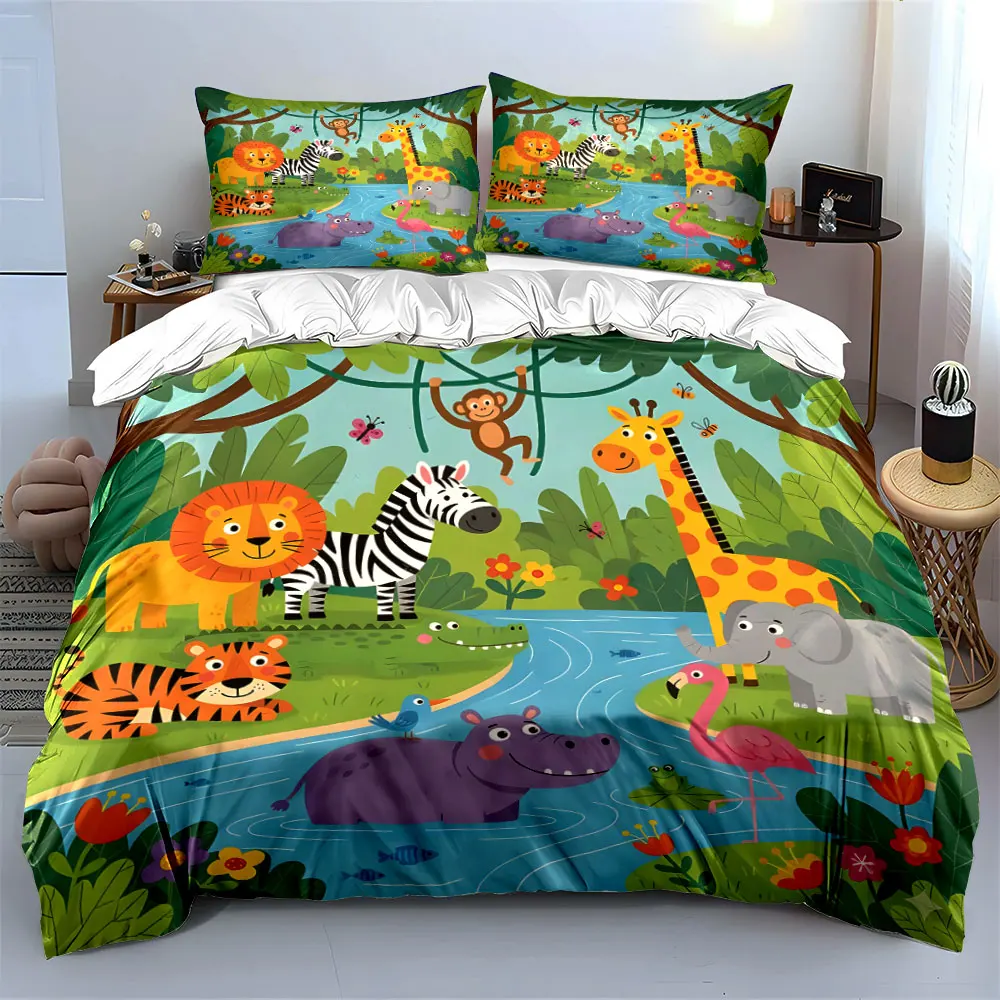 Forest animals by the river cartoon Print Bedding Set 1 Duvet Cover 2 Pillowcases for Adult and Children Luxury Gift Full Size