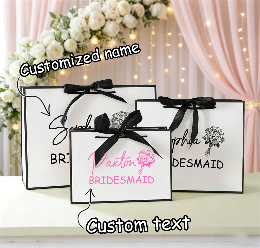 Geschenktüte mit individuellem Namen, personalisierte Geschenktüte mit Namen der Brautjungfer, Blumen, Band, Partydekoration, Geschenktüte mit individuellem Namen