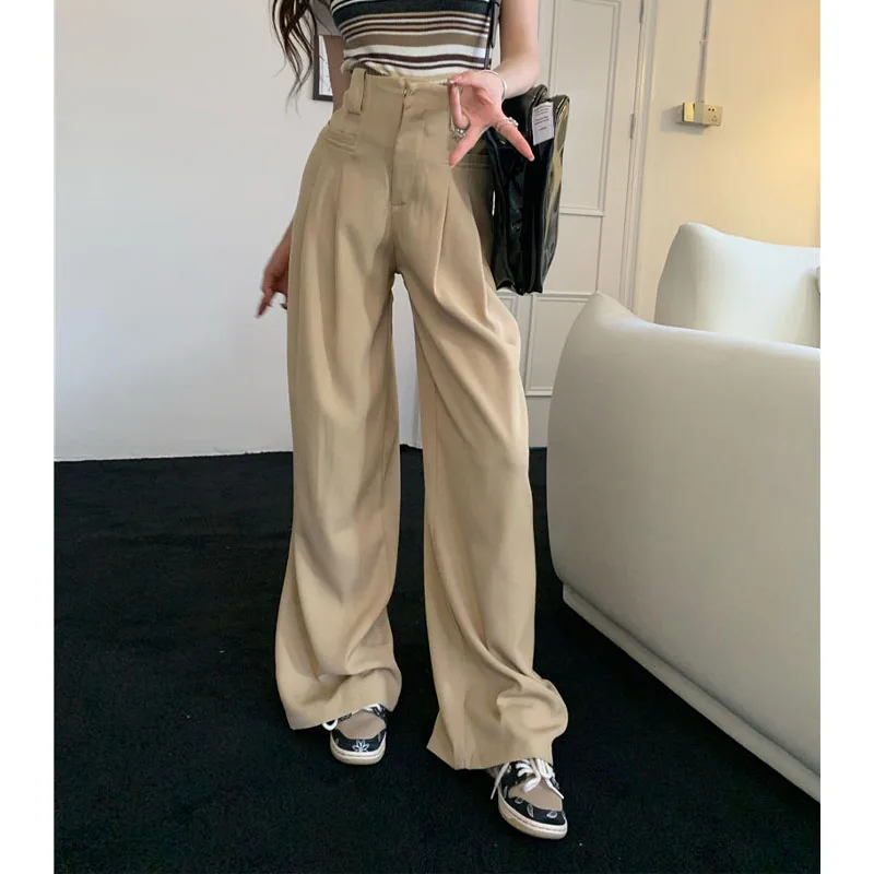 Korean Simplicity Women\'s Solid Color High Waist Trousers Summer All-match Folds Spliced Loose Wide Leg Pants Female Clothing