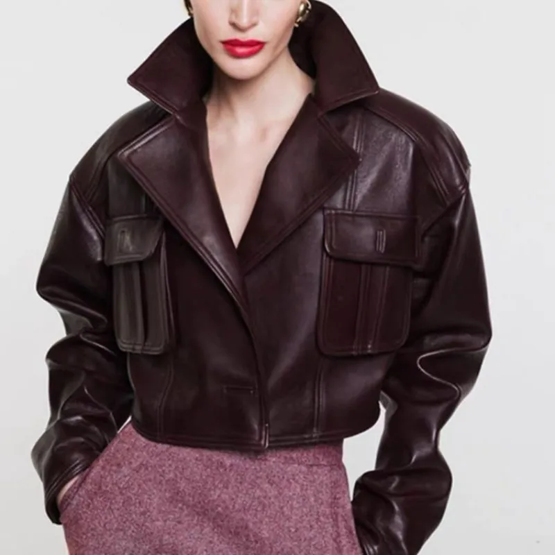 

Women Genuine Leather Coat Sheepskin Large Lapel Coat