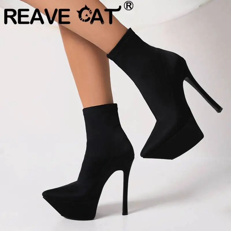 

REAVE CAT Brand Shoes Woman Stretchy Satin Booties Pointed Toe Platform 4.5cm Thin High Heels 14.5cm Big Size 43 Sexy Lady Boots