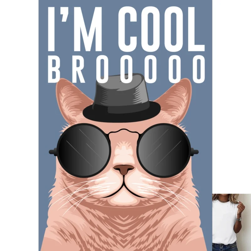 Trendy Cat With Hat & Sunglasses 'I'M COOL BROOOO' Heat Transfer White Ink Iron - On ，Suitable For T - Shirts/Canvas Bags,