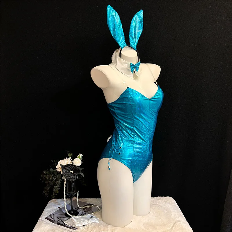 Anime Lovely Bunny Girl Cosplay Costume Sexy Laser Leather Bunny Girl Clothes Rabbit Bodysuit Suits Halloween Christmas Clothing