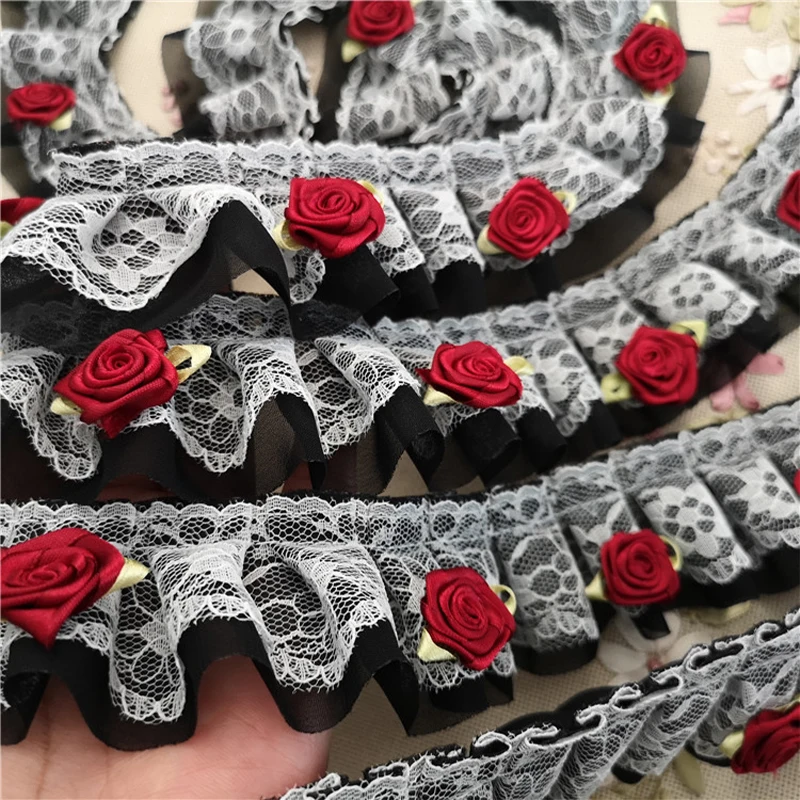 

5m 3D Rose Lace Pink White Black Lace Fabric Trim 3D Flower Craft Embroidered Applique Decoration Clothing Sewing Accessories