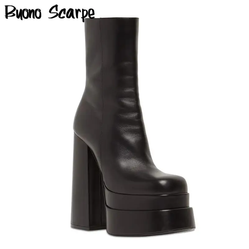 Patent Leather Platform Ankle Boots Women Zip Sqaure Chunky Toe High Heel Shoes Ladies Genuine Leather Block Heels Short Booties