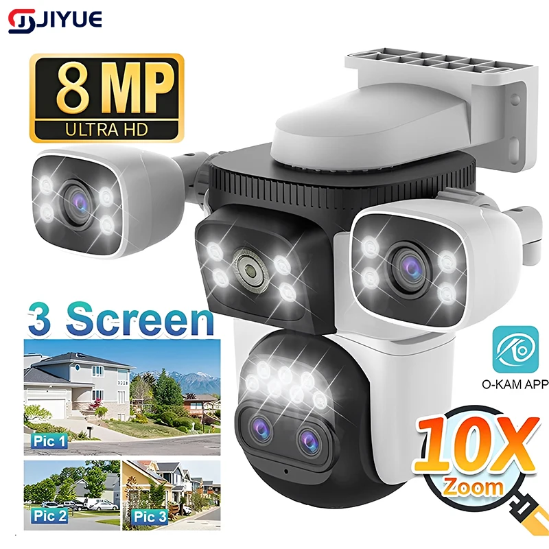 

8MP Three Screens WiFi Security Camera Outdoor 10X Optical Zoom Night Vision Waterproof Security Video IP Camara 4K CCTV Monitor