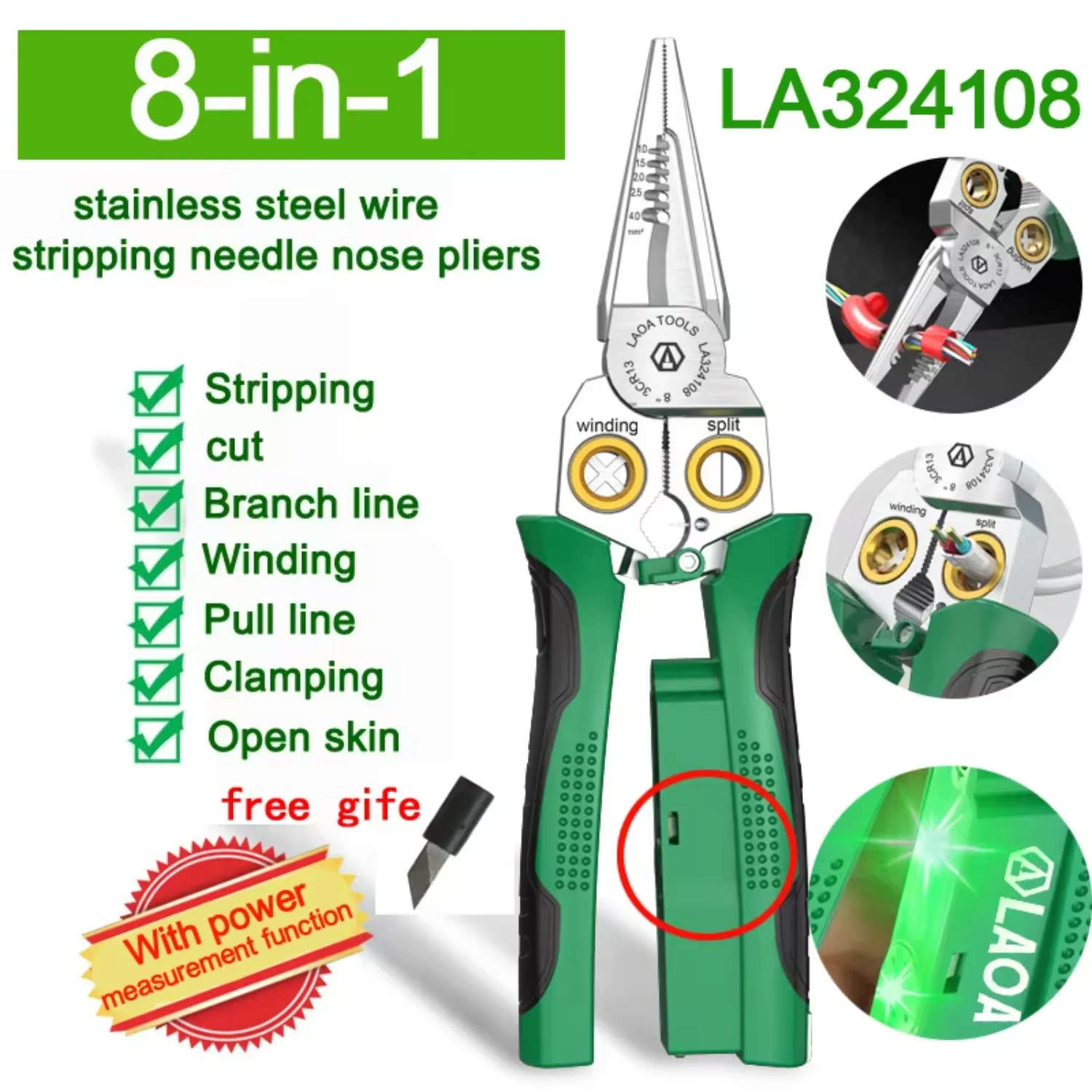 Electrician's pliers, multi- wire stripper, 8-in-1 stainless steel needle-nose pliers with electrical measurement f