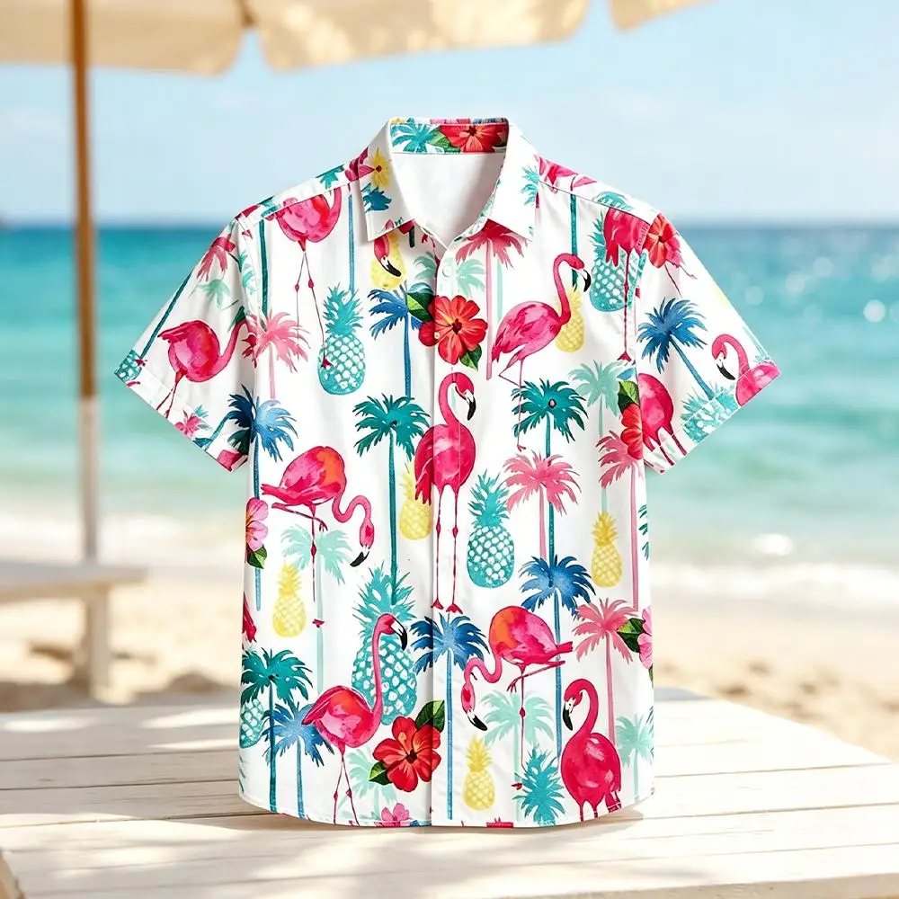 Flamingo Pineapple Palm Tree Print Hawaiian Shirt Summer Beach Holiday Top Men's Casual Loose Outdoor Vacation Button Blouse