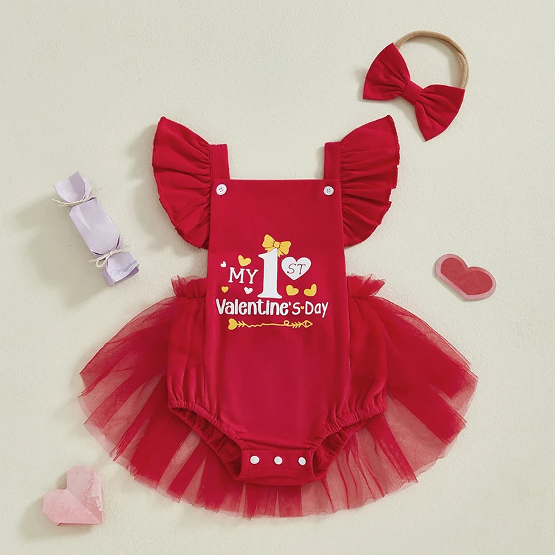 My First Valentine's Day Baby Girl Tulle Dress Romper Flying Sleeve Heart Letter Print Romper with Bow Headband Princess Outfits