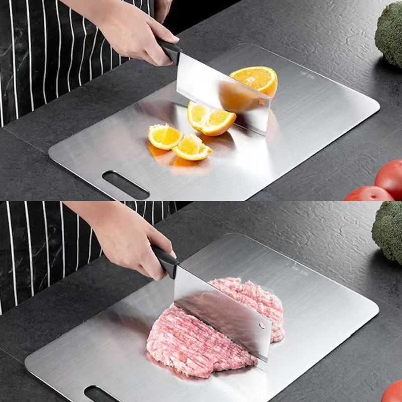 Tábua de corte de aço inoxidável de qualidade alimentar, tábua de cortar de cozinha antiderrapante para carne e vegetais, utensílios de cozinha