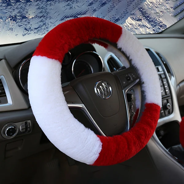 Winter WoolS heep Skin Car Steering Wheel Cover Women Plush Braid on Steering-Wheel Cover Auto Parts Warm Soft Coat Protector