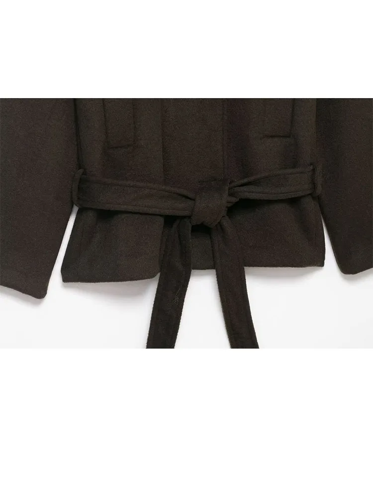 여성 겨울 인조 모피 효과 라펠 긴 소매 싱글 브레스티드 벨트 포켓 장식 코트 재킷 여성 캐주얼 코트