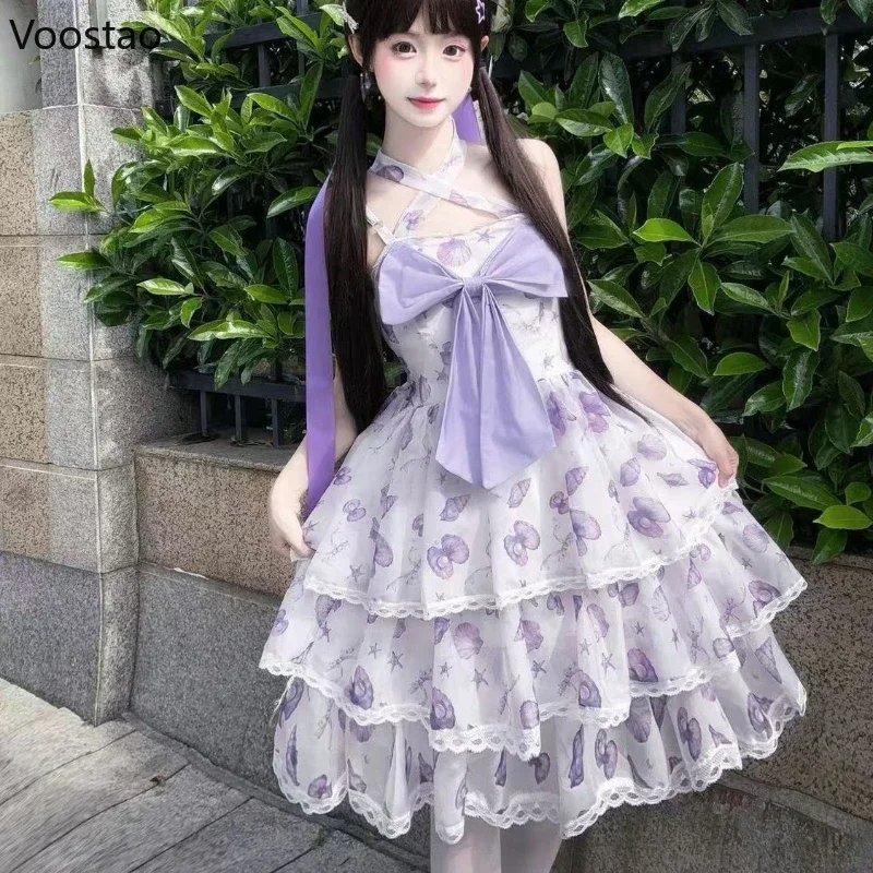 IMU Japanese Harajuku Kawaii Lolita Jsk Dress Women Sweet Shell Print Bow Princess Dress Summer Girls Vintage Cute Tea Party Dre
