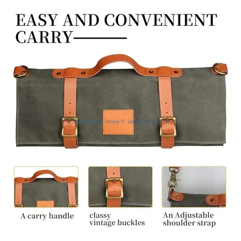 

896A Waxed Canvas Chefs Tool Roll Bag Water Resistant Cooking Tool Holder Case