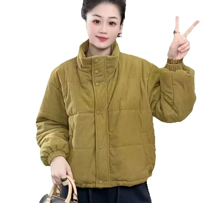 2026 Women Corduroy Cotton Padded Jacket Winter Coat New Solid Stand Collar Short Jacket Versatile Casual Cotton Clothing Female 5