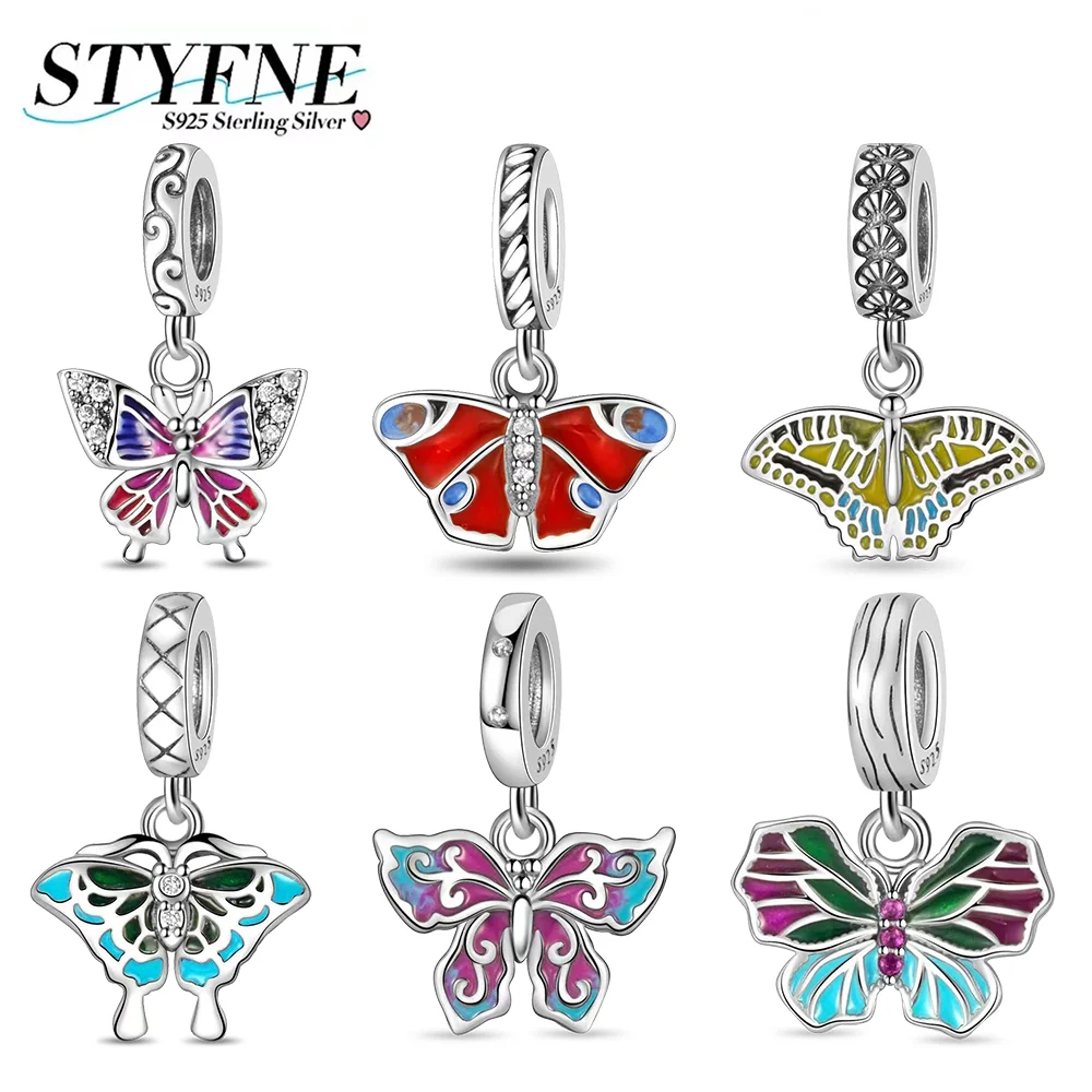 

925 Silver Butterfly Series Charms Zircon Beads Colorful Butterfly Pendant Fit Diy Original Bracelet Fashion Jewelry Gift Women