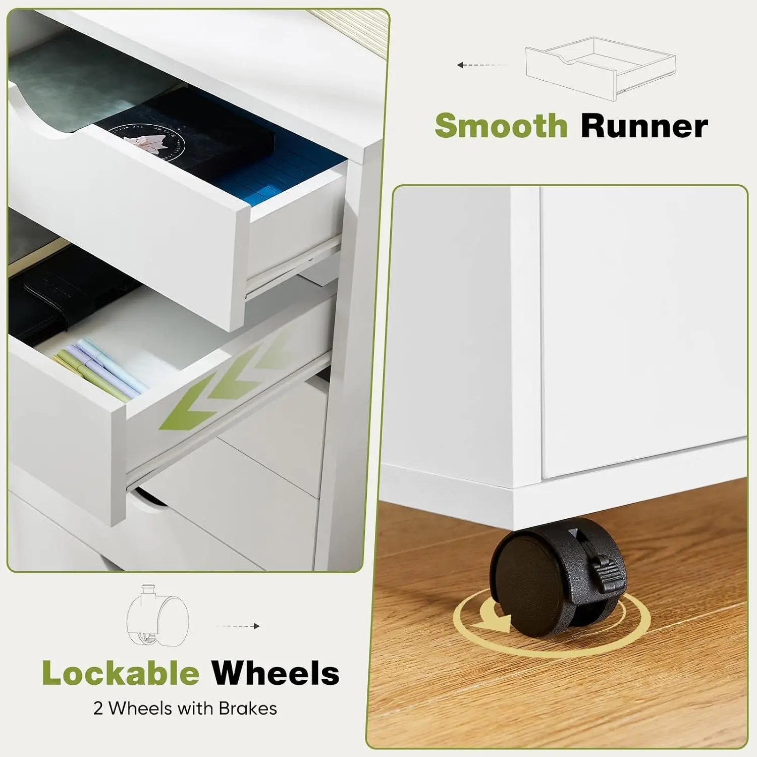 7 Drawer Rolling Storage Cabinet, Wood Under Desk Mobile Dresser with Wheels, Small Organizer Chest for Home Office, Bedroom, Living Room, Compact Vertical Storage Furniture Unit, White view 4