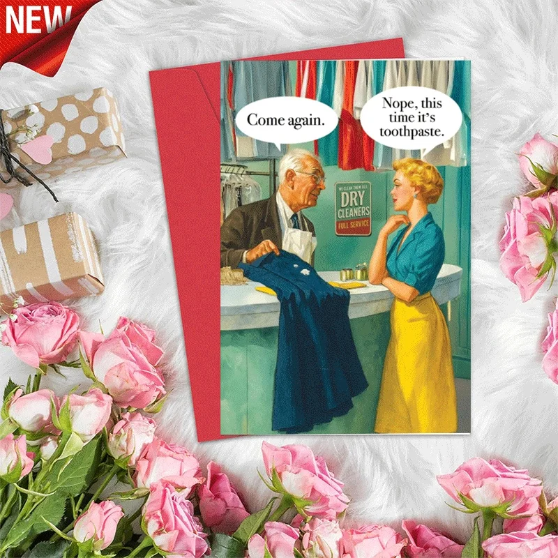 

Funny Retro Dry Cleaner Greeting Card, Humorous Toothpaste Stain Joke Card for Friends Family