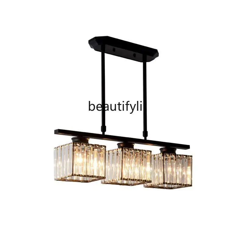 HJ Bar Counter Dining Table Three-Head Long Light Luxury Black Crystal Lamps