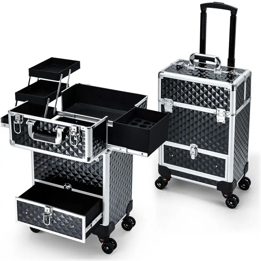

Rolling Makeup Case Cosmetic Travel Trolley Storage Sliding Drawer 4 Tray Makeup Travel Case with Wheels Salon Barber Case Trav