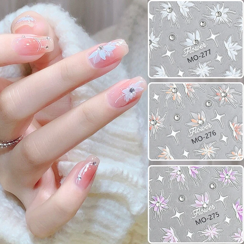 

5d Embossed Shining Diamonds White Pink Snow Mowing Flowers Nail Art Decals Stickers For Nails Art Manicures Tips Decorations