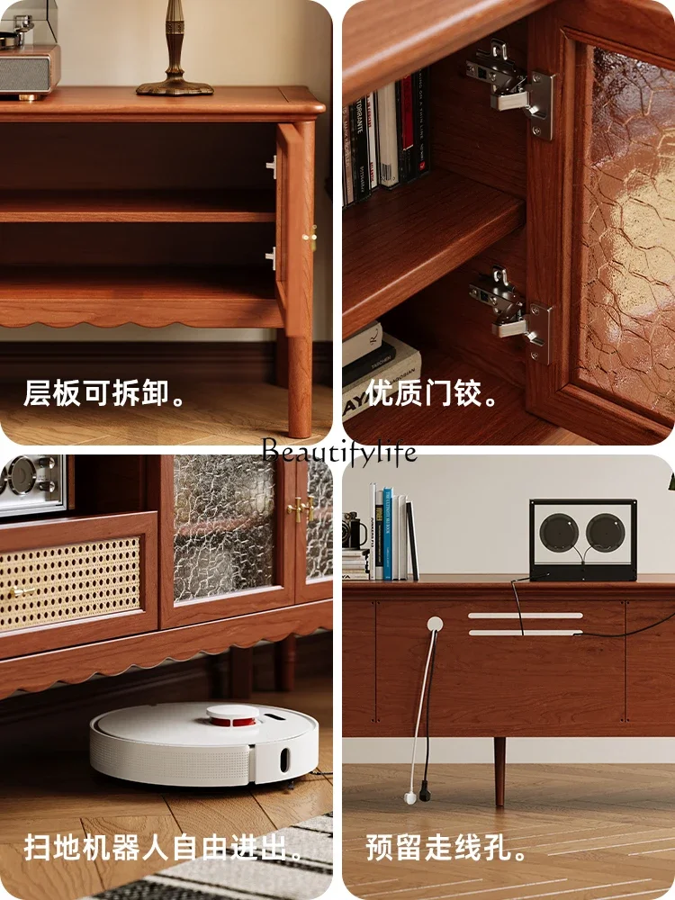 Artistic French Style Solid Wood TV Cabinet Living Room Cherry Wood Vintage TV Floor Cabinet