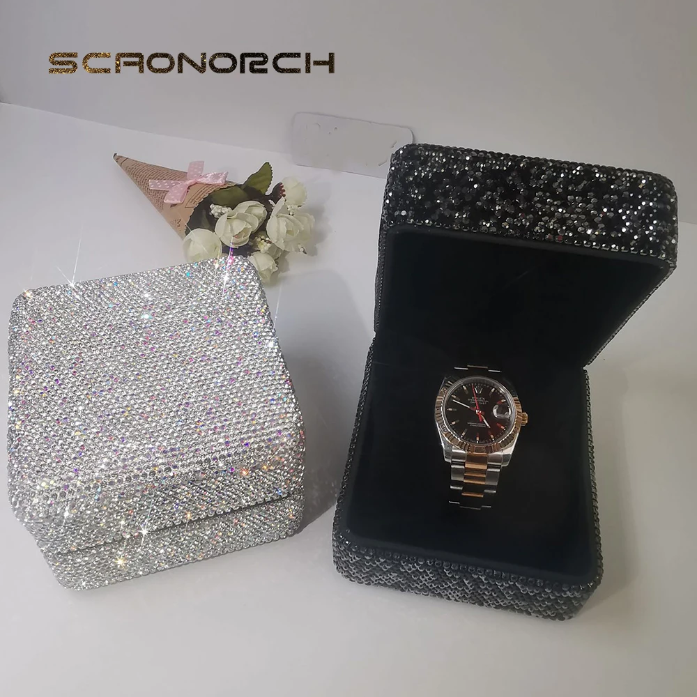 Luxury Crystal Watch Bracelet Case Holder Organizer Sparkling Diamond Jewelry Storage Box Display Flannel Packaging Gift Box