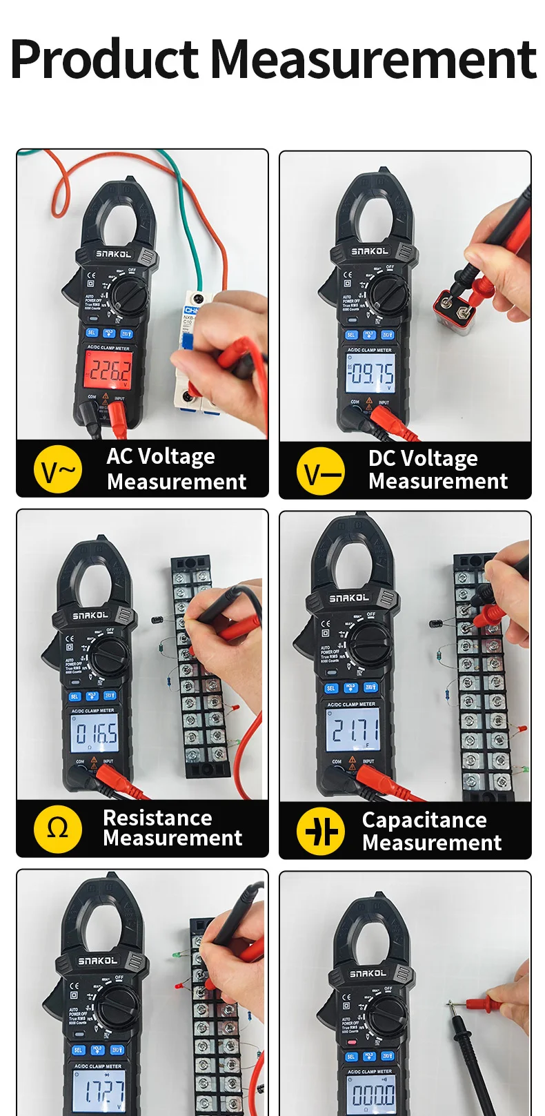 SNAKOL AC DC Stromzangenmessgerät 600 A Digitales Amperemeter Zangen True RMS Multimeter Professionelles elektrisches Multitester-Werkzeug – Detail 11