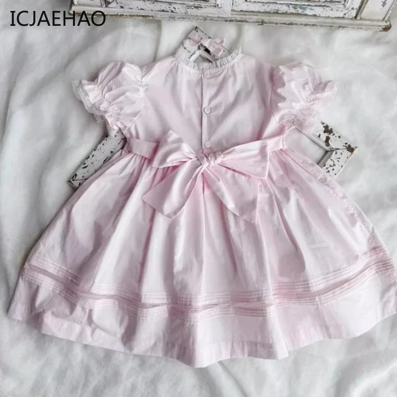 ICJAEHAO 2025 New  A-Line Short Sleeves Girls Dress Children Elegant Frocks Handmade Flowers Embroidered Lace Sweet Smocking