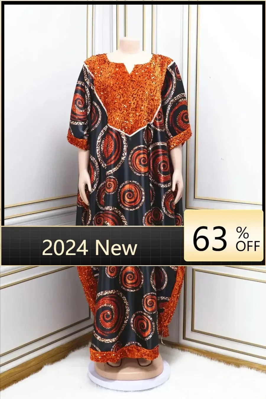 

African Dresses for Women Summer Fashion African Women 3/4 Sleeve Polyester Sequined Long Dress Muslim Abaya African Clothes