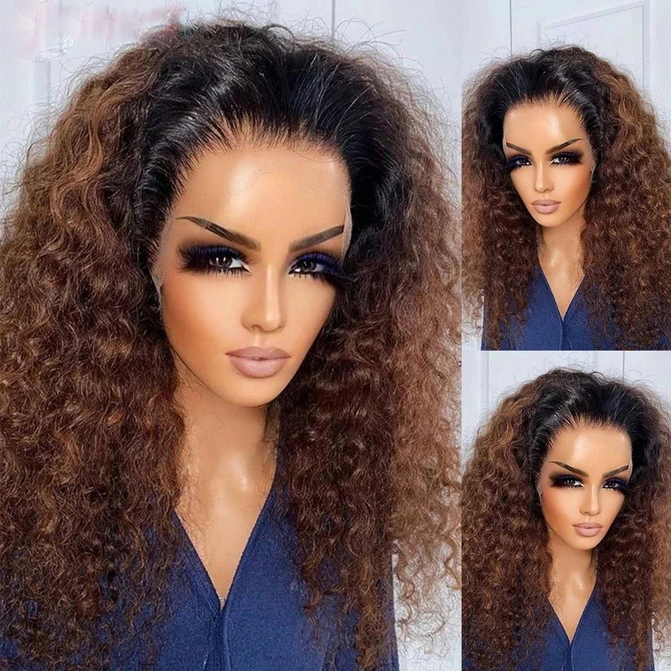 26 pulgadas suave prearrancado OmbreBrown 180 densidad peluca con malla frontal profunda para mujeres negras rizado pelo de bebé sin pegamento línea de cabello Natural