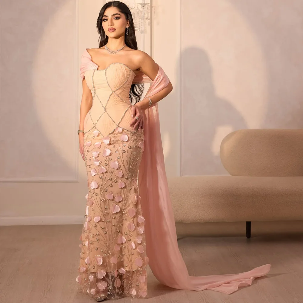 

Роскошное вечернее платье с бисерной вышивкой и цветами, индивидуальный пошив, без бретелек, без рукавов, в стиле знаменитостей, блестящее, из органзы, для выпускного вечера, с шалью