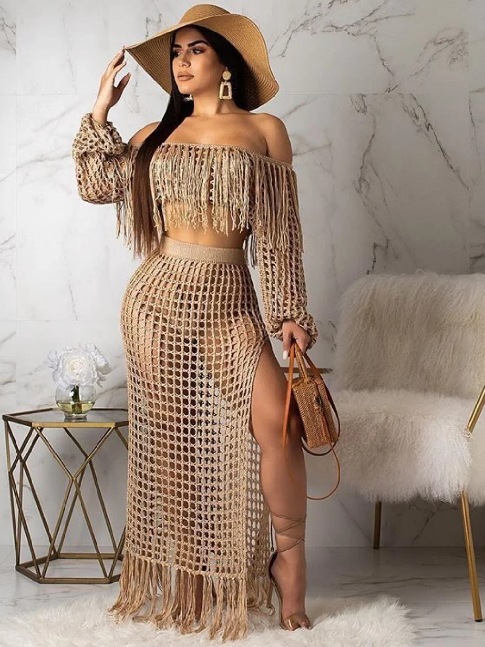 Spring Women\'s Set Casual Mesh One-Line Shoulder Jacket And Fringe Beach Skirt Set Stylish Temperament Lady\'s Two-Piece Set