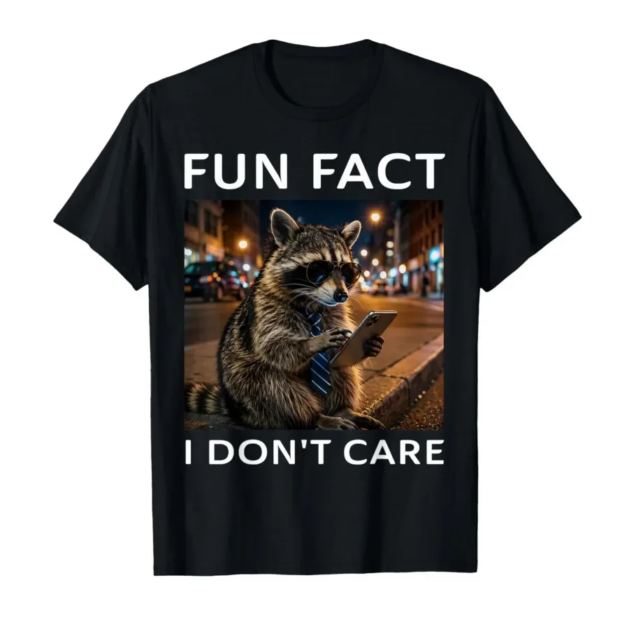 

Fun Fact I Don't Care Funny Raccoon Play Phone T-shirt For Men Women 100% Cotton T Shirts Short Sleeve Tops 0417-1