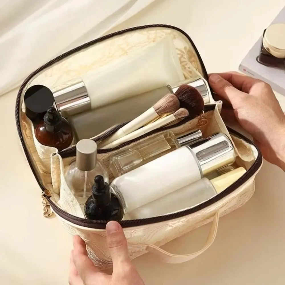 Elegant Solid Color Lace Makeup Bag Floral Large Capacity Cosmetic Storage Bag Multifunctional Breathable Toilet Bag Beach