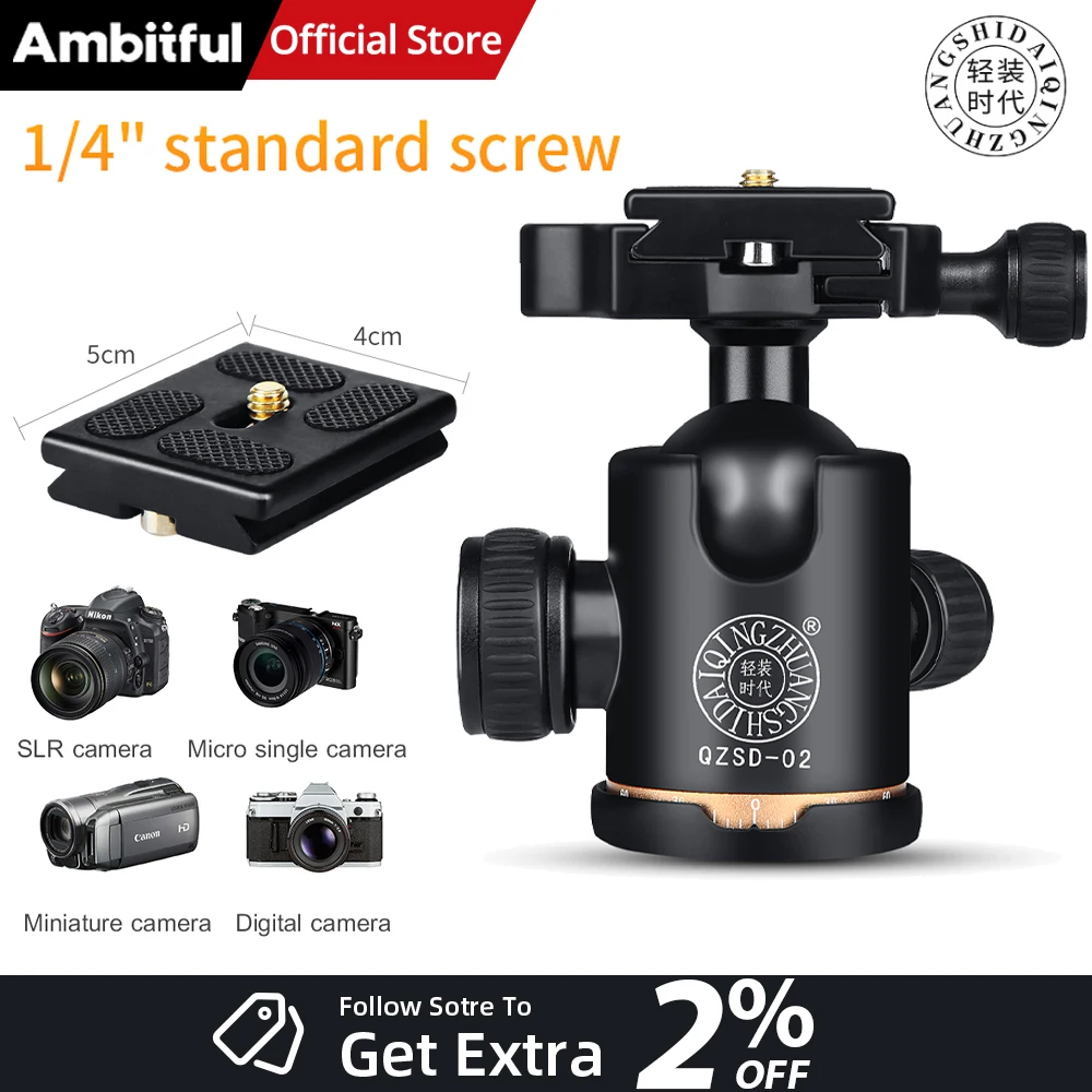 QZSD Q02 tête sphérique pour trépied avec plaque à dégagement rapide vis supérieure 1/4 "vis inférieure 3/8" charge maximale de 12 kg pour appareil photo reflex numérique
