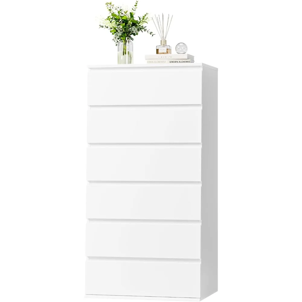 

White Dresser, 6 Drawer Dresser, Modern Tall Floor Storage Cabinet with Metal Sliding Rail, Wooden Handleless Drawer Cabinet