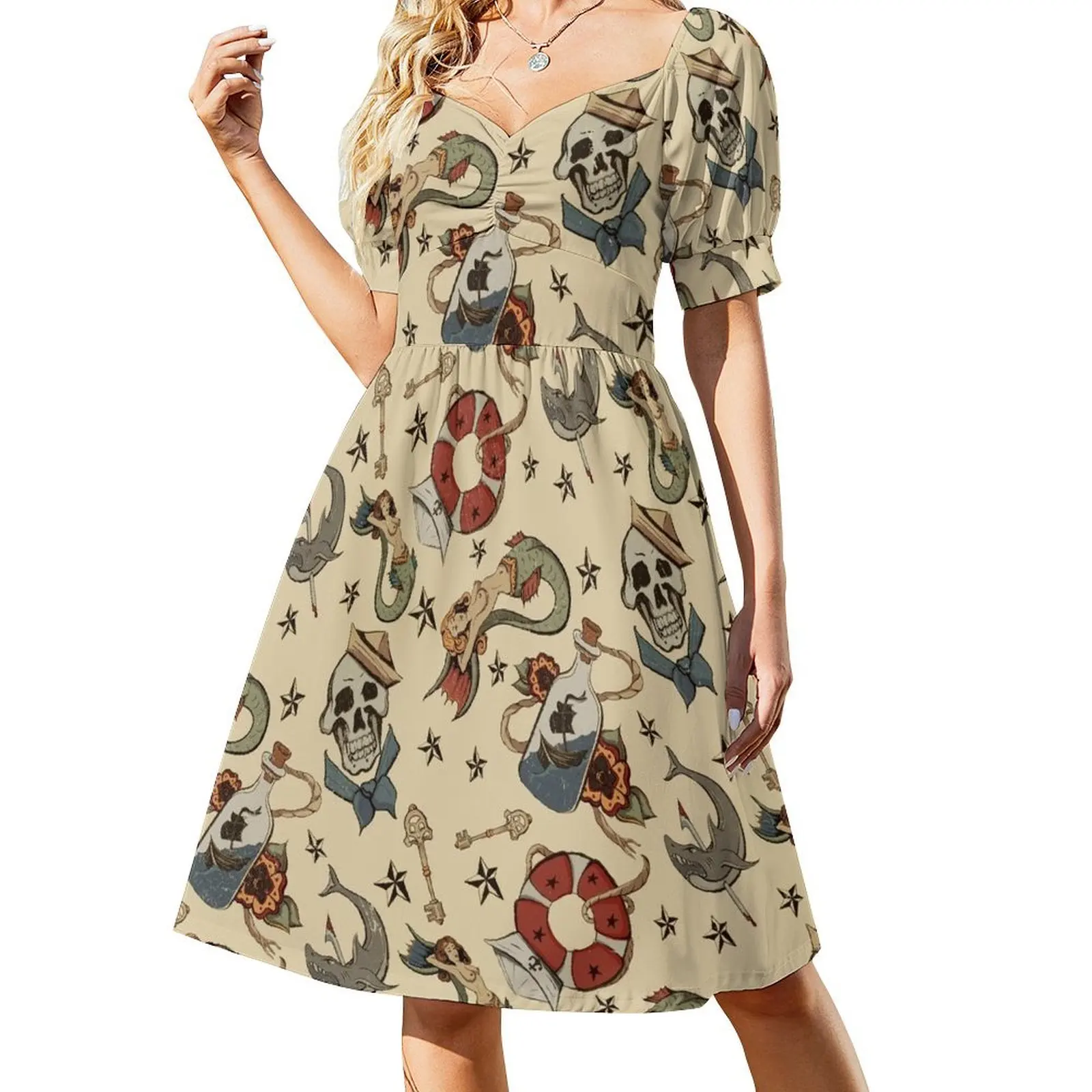 

Navy Sailor Tattoo Repeating Pattern Short-Sleeved Dress luxury woman party dress ladies dresses for special occasions