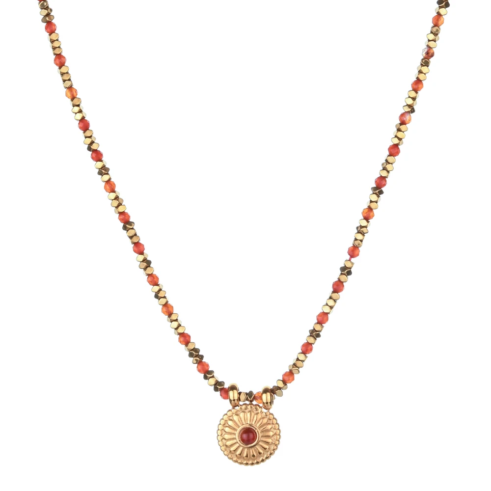 Vintage-Halskette mit farbigen Sonnenblumen-Anhängern, Natursteinperlen und Edelstahl-Anhänger für Damen, geeignet für Strandpartys – Detail 6