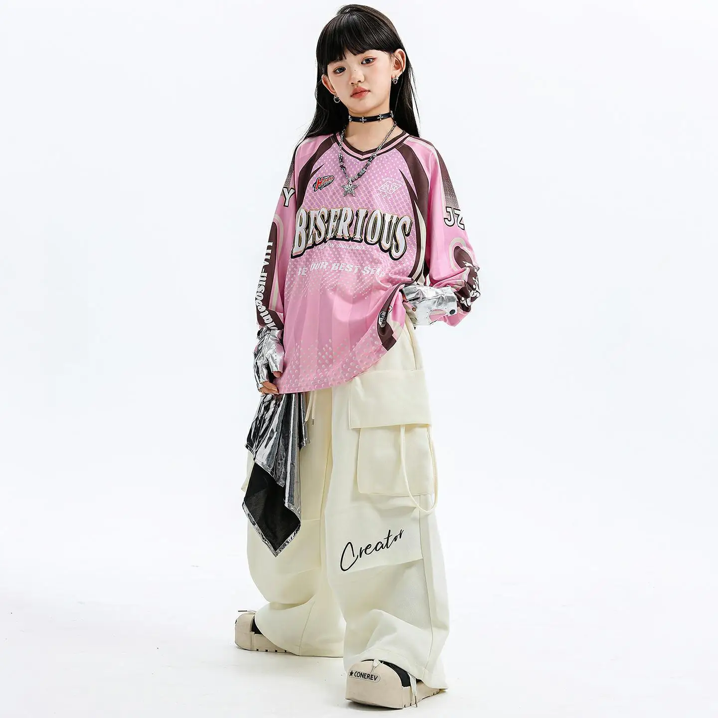 Jazz Hip Hop Dance Clothes for Girls Pink Streetwear Hoodie White Baggy Pants Street Dance Set Group Stage Show Competition Wear