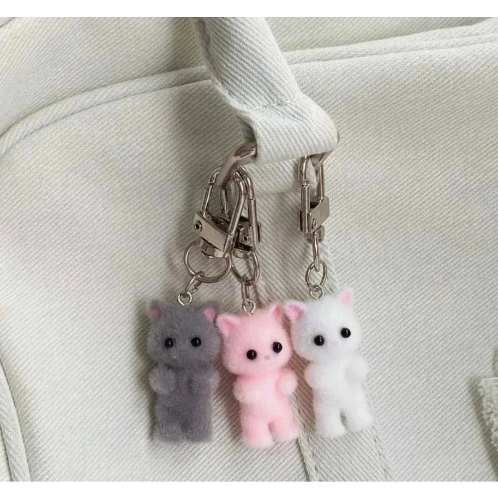 Cute 3D Flocking Kitten Keychain Simulation Animal Hobby Cartoon Doll Girl Keyring Car Bag Purse Phones Pendant Key Ring Gift* view 3