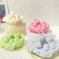 Lovely Rabbit Family Candle Silicone Mould Flower Basket Gypsum Molds Easter Day Handmade Soap Gifts Festival Animal Party Decor