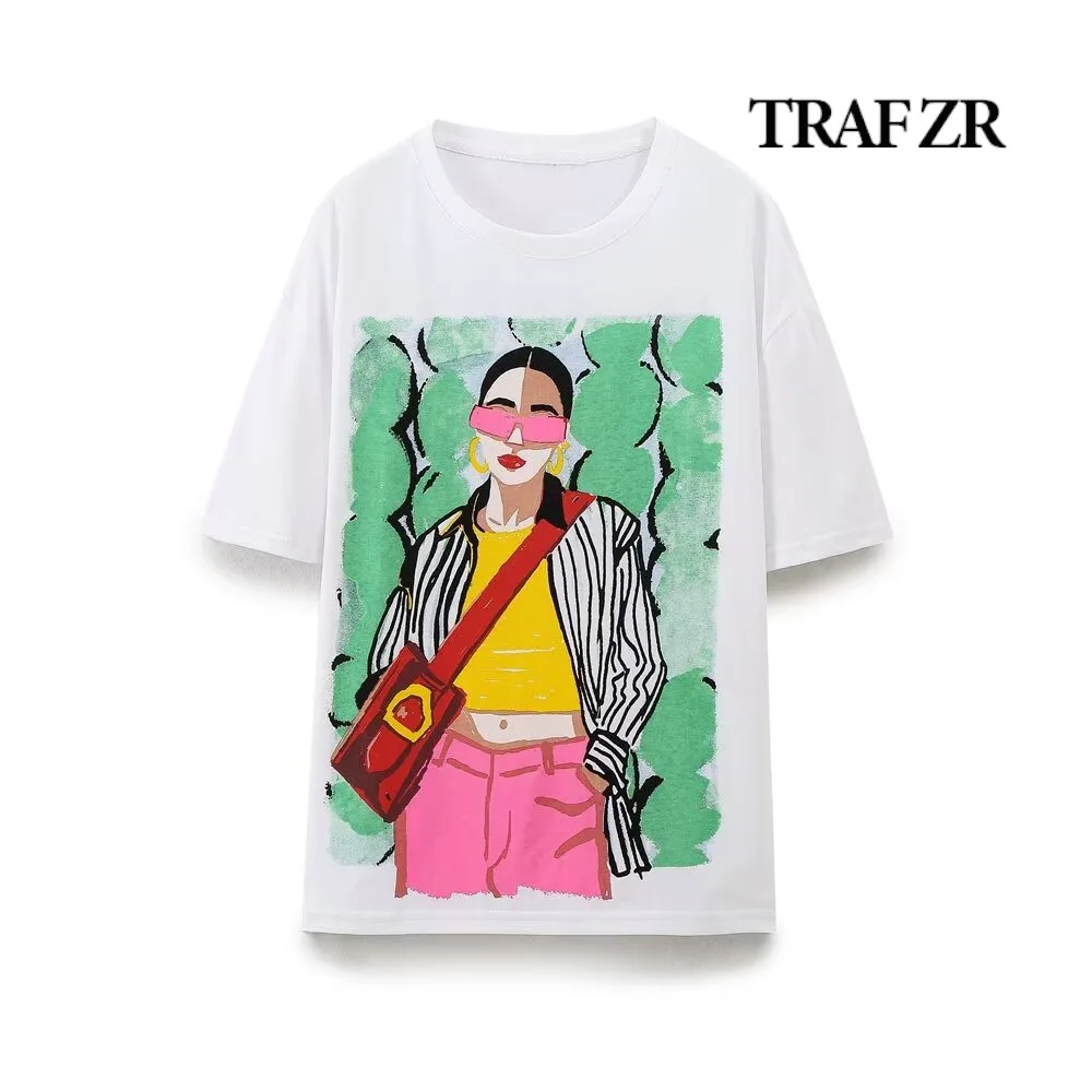 

TRAF ZR Casual T-shirts for Women Fabulous Short Sleeve Tee COTTON Aesthetic Women's T-shirts Kpop High Street O-neck Top