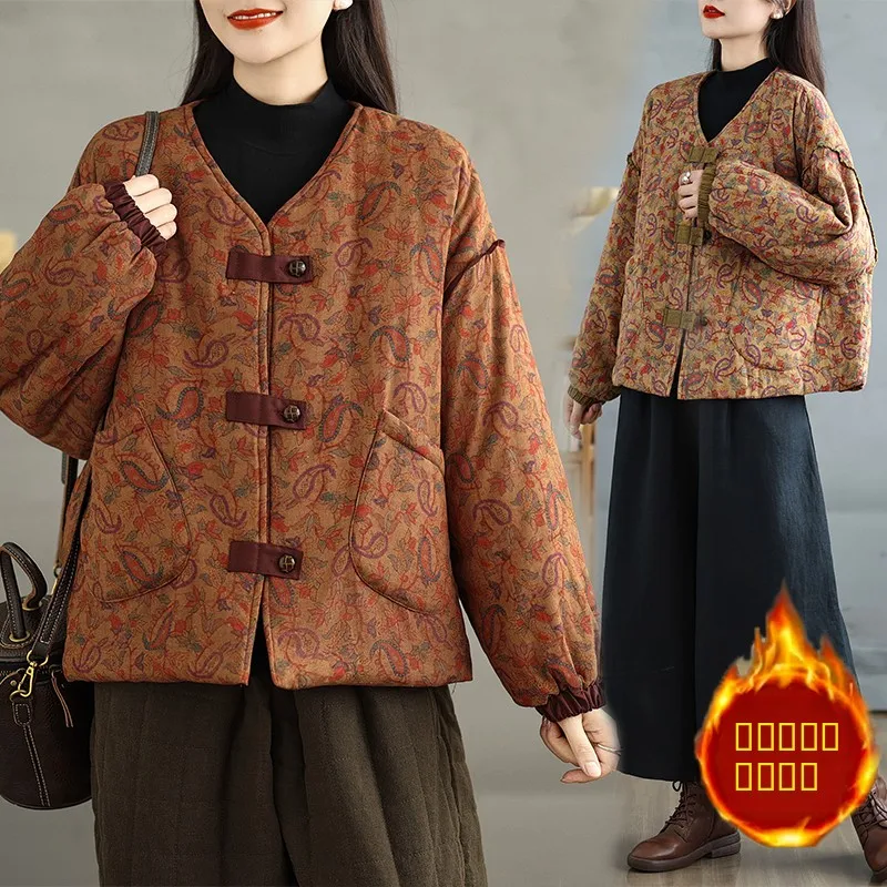 

Хлопковое льняное пальто в стиле ретро с цветочным принтом, женское свободное повседневное хлопковое пальто контрастного цвета, Thiened, зимнее для поездок на работу, V-ne