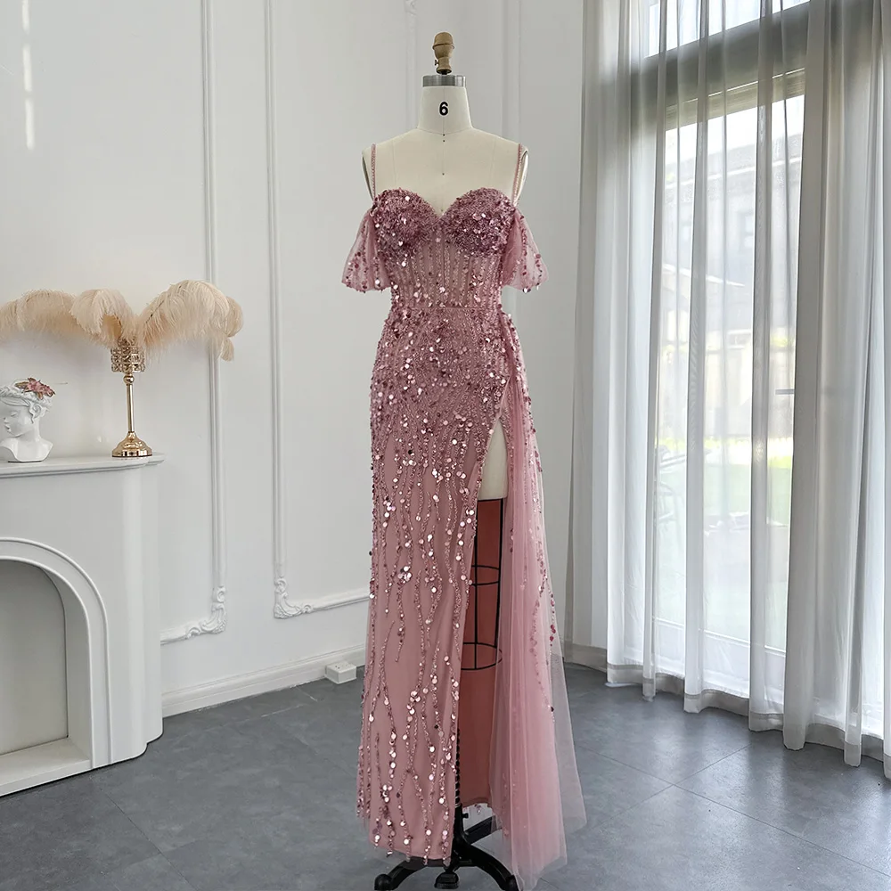 Sharon Said Luxury Dubai Pink Sirena Abiti da sera Matrimonio Cinghie per spaghetti Fessura Blu Abiti da cerimonia per feste SS356 Personalizzato