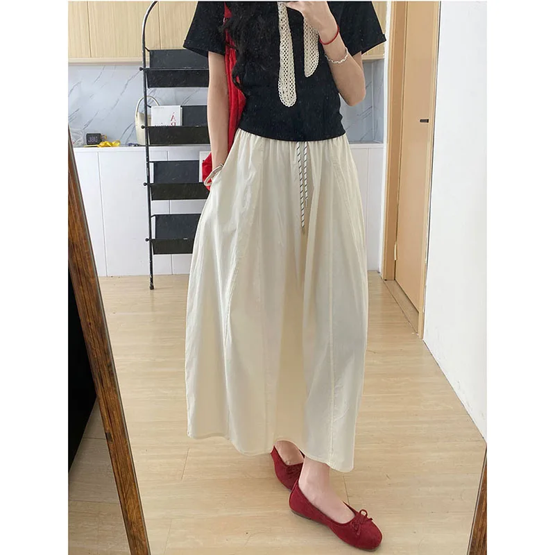 Fotografia 5: Saia Longa Larga Harajuku para Mulheres, Secagem Rápida, Seda de Gelo, Midi, Cor Sólida, Versátil e Casual