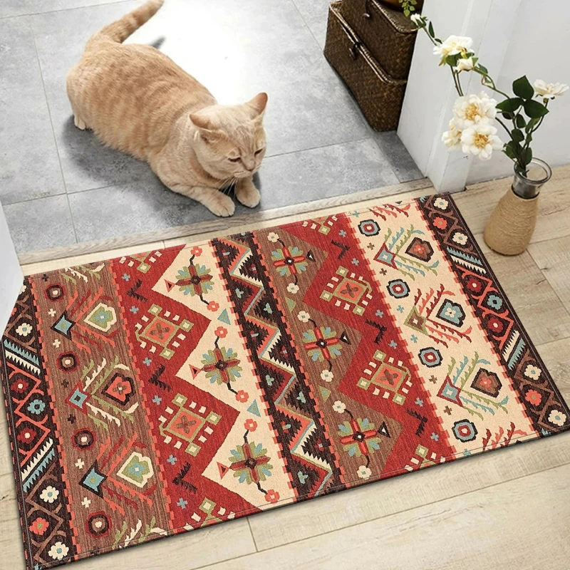 Boho Style Floor Mat Non-Slip Bath Rug Floral Pattern Washable Door Carpet For Living Room Kitchen Bathroom Hallway Home Decor